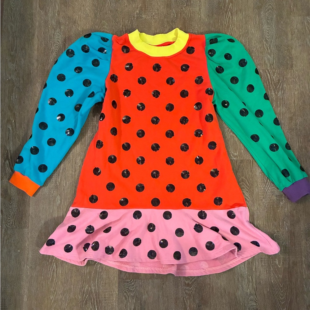Queen of Sparkles Polka Dot Colorblock Long Sleeve Dress Womens M